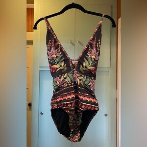 Anthropologie Farm Rio Fiona black floral one piece swimsuit